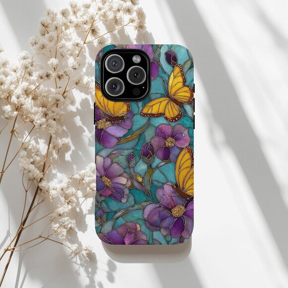 Floral Butterfly Stained Glass IPhone 16,15,14,13 (Pro Max,Pro,Plus) Phone Case - Picture 1 of 13